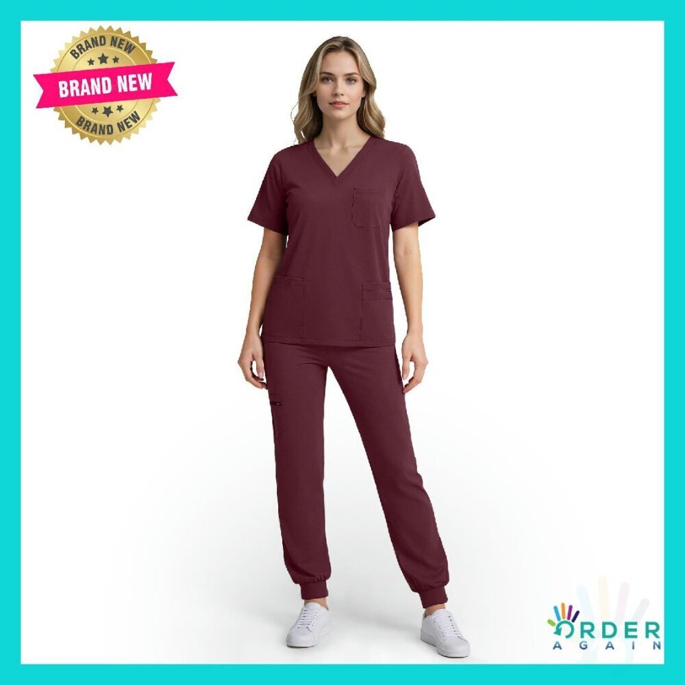 Stretchy V-Neck Scrub Set Jogger Pants Multi-Pocket Comfort Workwear